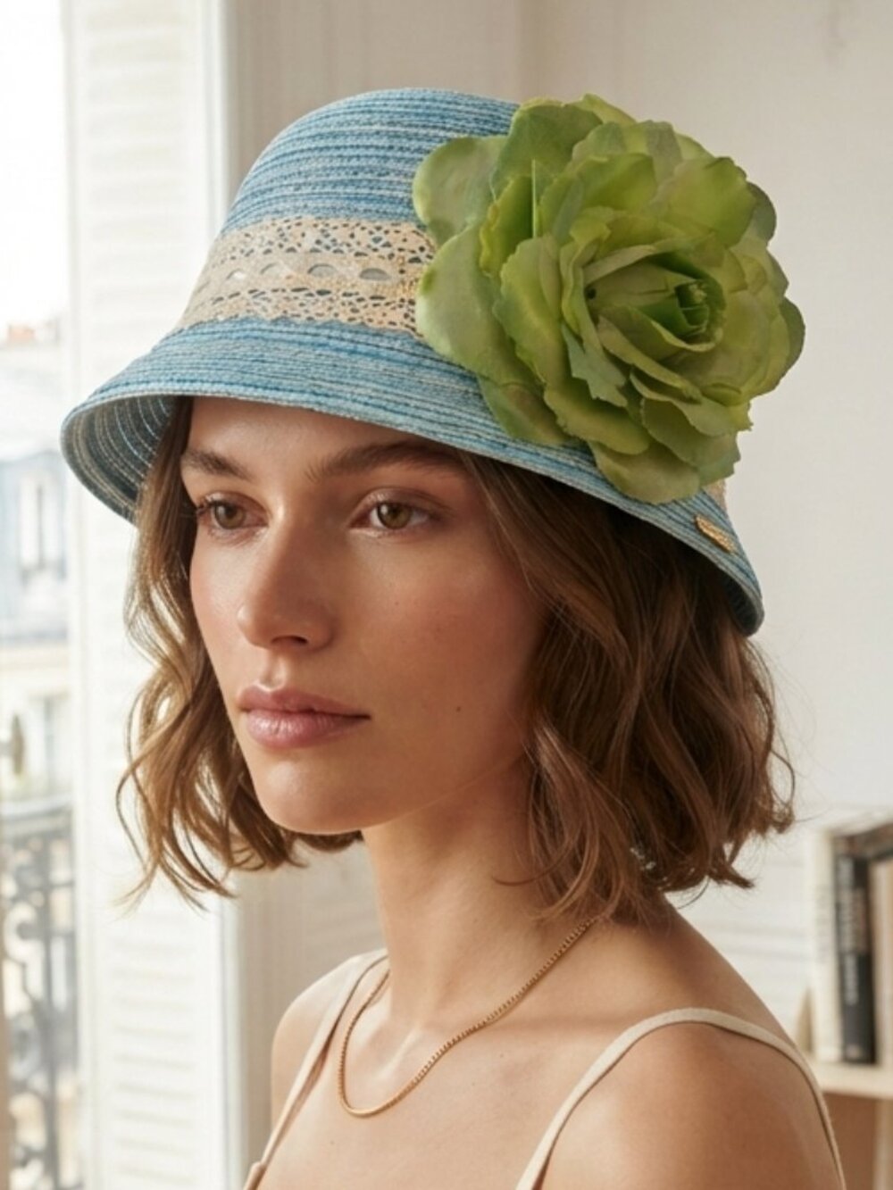Kakyco Light Blue Women's Cloche Hat with Green Flower and Lace Band